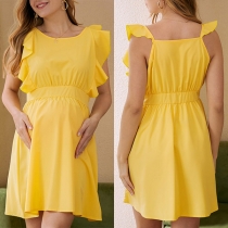 Fashion Solid Color Ruffled Sleeveless Maternity Dress