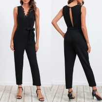 Elegant Solid Color Lace Spliced V-neck Self-tie Jumpsuit