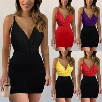 Fashion Contrast Color V-neck Ruched Bodycon Slip Dress