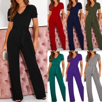 Fashion Solid Color V-neck Short Sleeve Self-tie Wide-leg Jumpsuit
