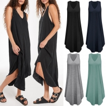 Casual Solid Color V-neck Loose Dress