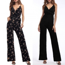 Fashion V-neck Wide-leg High-waist Ruffled V-neck Jumpsuit