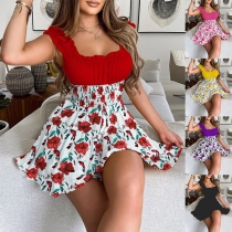 Fashion Ruffled High Waist Floral Printed Fit & Flare Dress