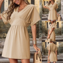 Fashion Solid Color V-neck High Waist Batwing Short Sleeve Mini Dress