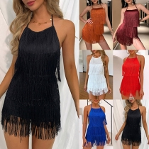 Sexig enfärgad tofs Rygglös Halter Romper