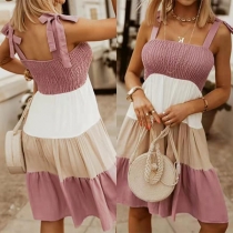 Fashion Contrast Color Tiered Self-tie Smocked Mini Dress