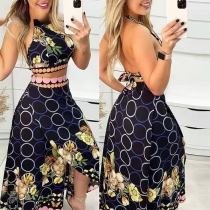 Blommigt tryckt tvådelat set med rygglös crop top och slitskjol
