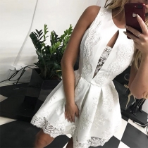 Fashion Round Neck Sleeveless Lace Spliced Cutout Fit & Flared Dress