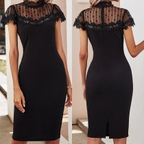 Fashion Lace Spliced Mock Neck Short Sleeve Gauzed Spliced Bodycon Dress