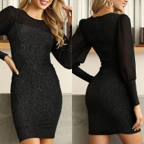 Elegant Gauze Spliced Long Sleeve Round Neck Bling-bling Bodycon Dress