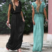 Fashion Floral Printed V-neck Ruffled Self-tie Long Dress