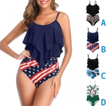 Fashion Bikini Set Consist of Ruffled Cami Swim Top and Printed High-waist Bikini Bottom