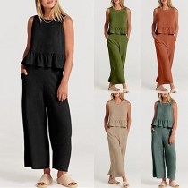 Fashion Solid Color Two-piece Set consist of Sleeveless Crop Top  and Wide-leg Pants