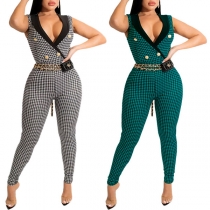 Sexy Sleeveless Lapel V-neck Double Button Plaid Jumpsuit  (Without Belt)