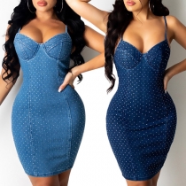 Fashion Polka-dot Printed Bodycon Denim Dress