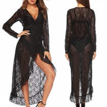 Sexy Long Sleeve V-neck High-low Hemline Semi-through Lace Dress