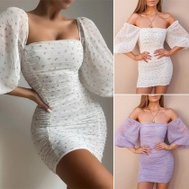 Sexy Floral Printed  Square Neck Puff Short Sleeve Ruched Bodycon Dress