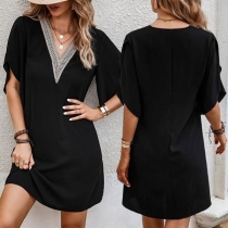 Fashion Contrast Color Netted Lace Spliced V-neck Short Sleeve Dress