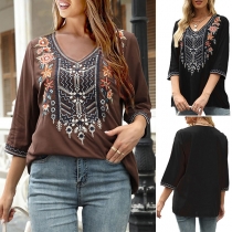Bohemia Style Floral Printed V-neck Elbow Sleeve Shirt