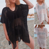 Fashion V-neck Short Sleeve Mesh Netted Slit Cover-up Shirt