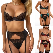 Sexy Contrast Color Eyelash Lace Three-piece Lingerie Set