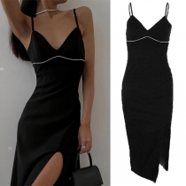 Sexy Solid Color V-neck Rhinestone Slit Bodycon Slip Dress
