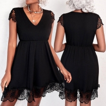 Casual Lace Spliced V-neck Mini Dress