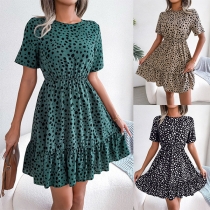 Fashion Polka Dot Printed Round Neck Short Sleeve High-waist Tiered Dress