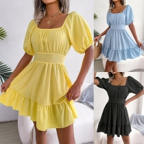 Casual Solid Color Scoop Neck Short Sleeve High-waist Ruffled Hemline Tiered Dress