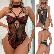 Sexig blommig broderad Cross-criss Cut Out Rygglös Halter Underkläder Body