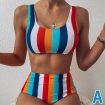 Mode Bikini Set med Vertikala Kontrastfärger och Tryckt Rem