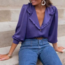 Fashion Solid Color Ruffled Lapel V-neck Long Sleeve Shirt