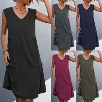 Casual Solid Color V-neck Sleeveless Dress