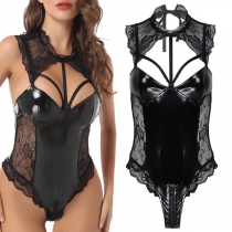 Sexig Mock Neck Spets Splitsad konstläder PU Underkläder Bodysuit med attraktiv utskärning