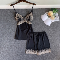 Ledig Spetsdelad Tvådelad Pyjamas och Hemmadress Set