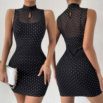 Sexy Mesh Netted Rhinestone Spliced Mock Neck Sleeveless Bodycon Dress
