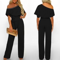 Sexy Solid Color Beaded One-shoulder Short Sleeve Wide-leg Jumpsuit