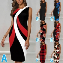 Fashion Round Neck Sleeveless Floral Printed Bodycon Dress