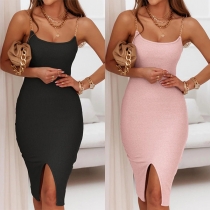 Fashion Solid Color Slit Bodycon Chain Slip Dress