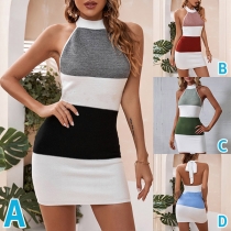 Sexy Contrast Color Backless Self-tie Halter Bodycon Dress