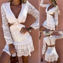 Sexy Ruffled V-neck Side Cutout Long Sleeve Tiered Dress