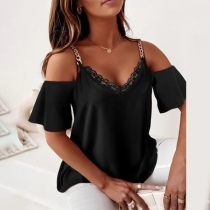 Sexy Lace Spliced Open-shoulder Short Sleeve Chain Cami Shirt