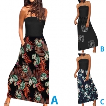 Bohemia Style Floral Printed Strapless Slat Pocket Dress