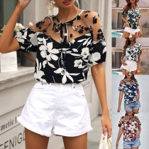 Stylish Semi-through Gauze Spliced Floral Printed Shirt