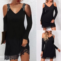 Fashion Bling-bling Open-shoulder Long Sleeve Lace Spliced Mini Dress