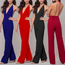 Sexy Solid Color V-neck Backless Wide-leg Halter Jumpsuit