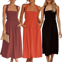 Sexy Solid Color Square Neck Mocked Backless Cross-criss Dress