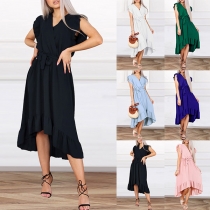 Casual Solid Color V-neck Ruffle Sleeveless Tiered Irregular Hemline Self-tie Dress