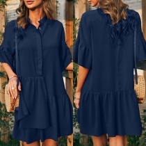 Casual Solid Color Button Mock Short Sleeve Tiered Irregular Hemline Dress