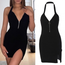 Sexy Solid Color Zipper V-neck Slit Halter Backless Bodycon Dress
